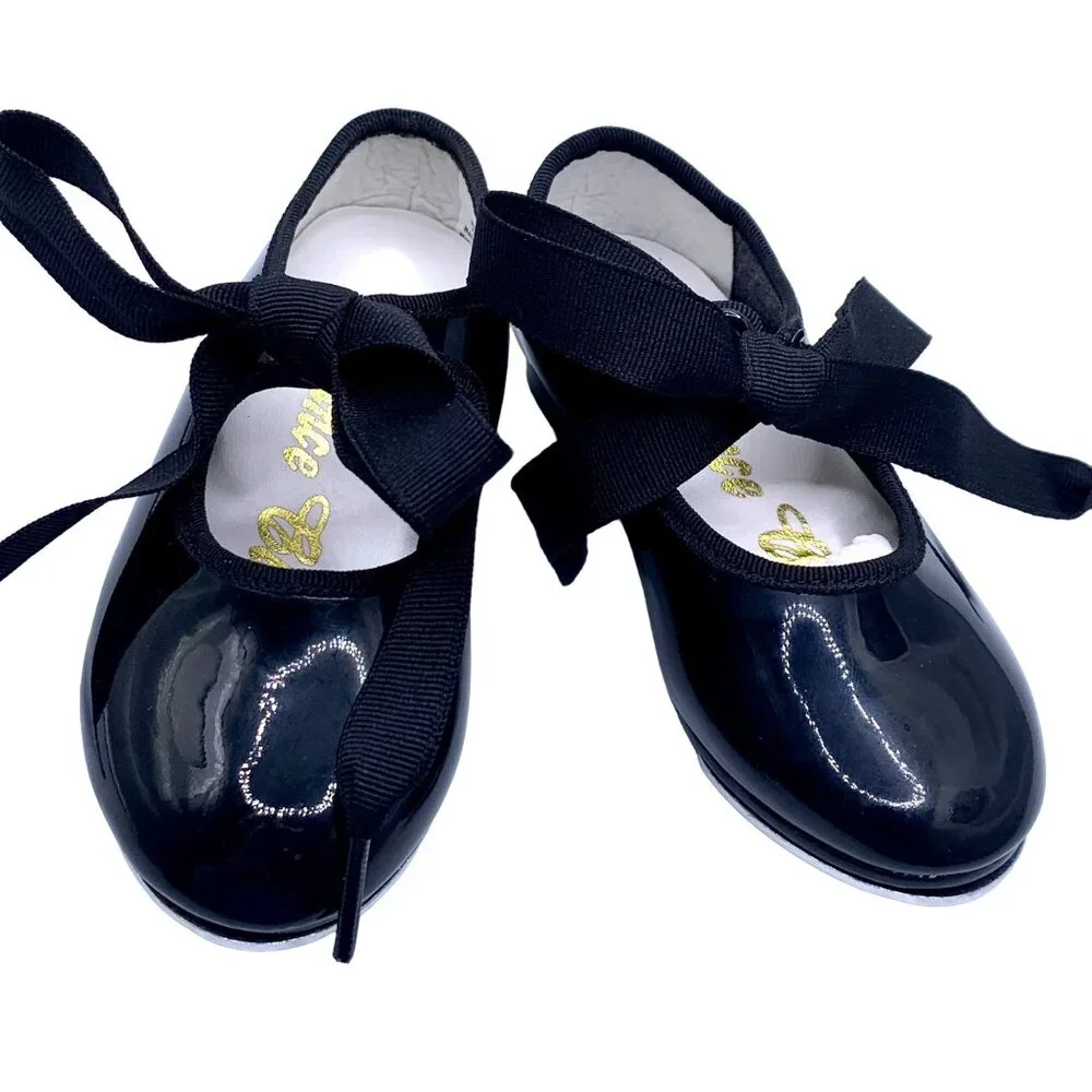 Little Girl Black Patent Leather Tyette Tie Tap Shoes Size 1.5 Wide Dance Class